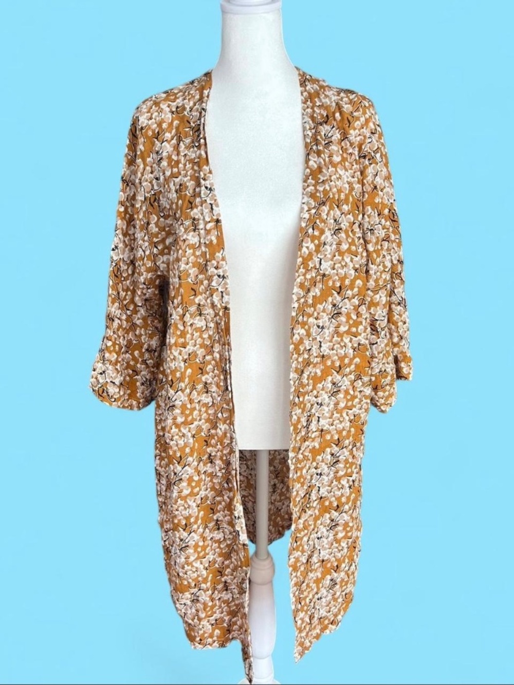 Floral Yellow Cotton Kimono- Bell Sleeves- Size S